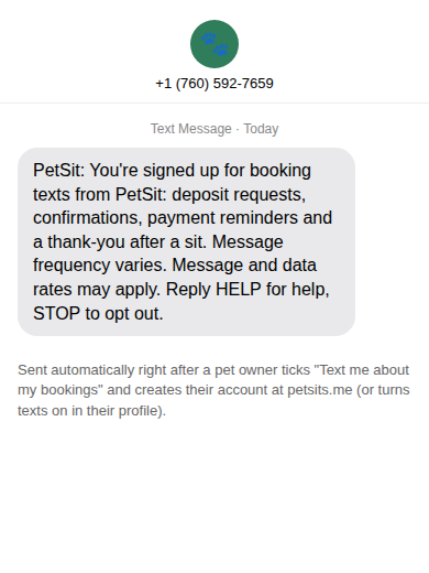 Confirmation text message from PetSits