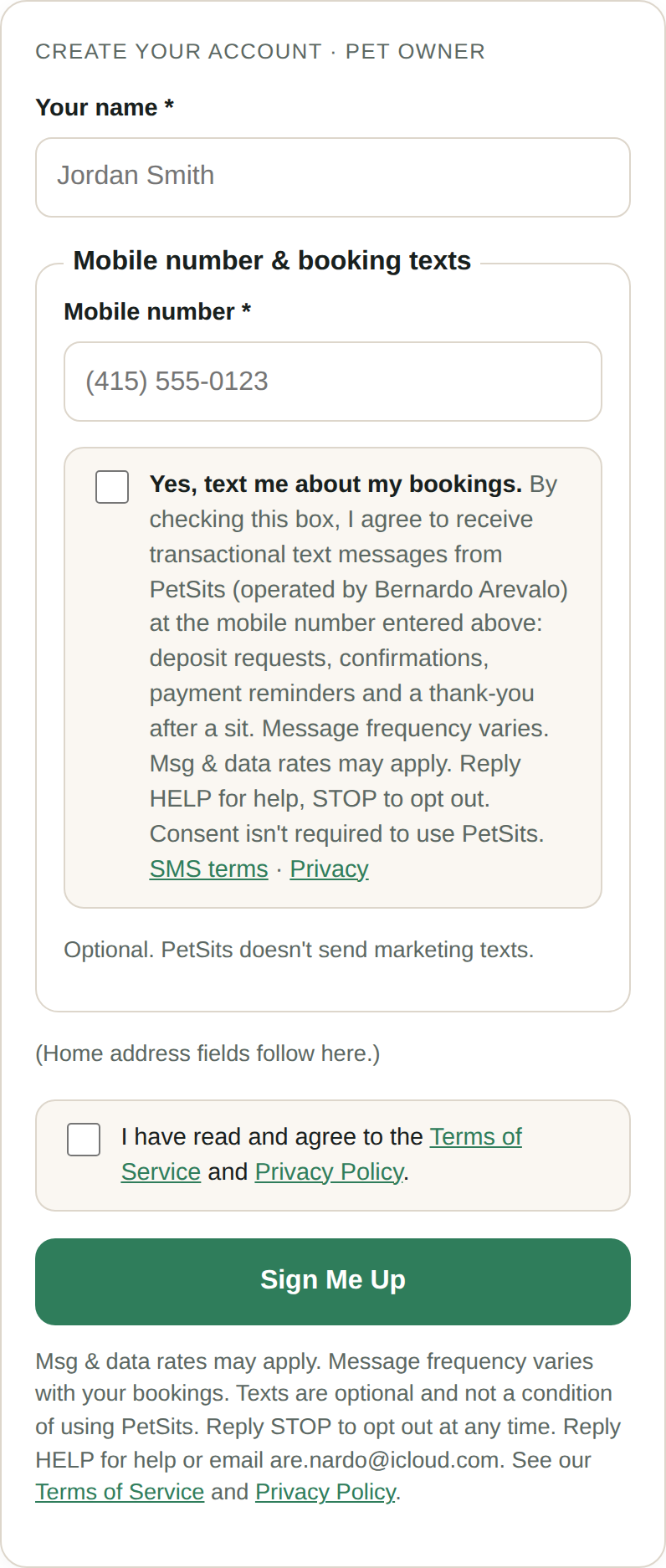 PetSits sign-up form with the unticked 'Text me about my bookings' checkbox below the mobile number field